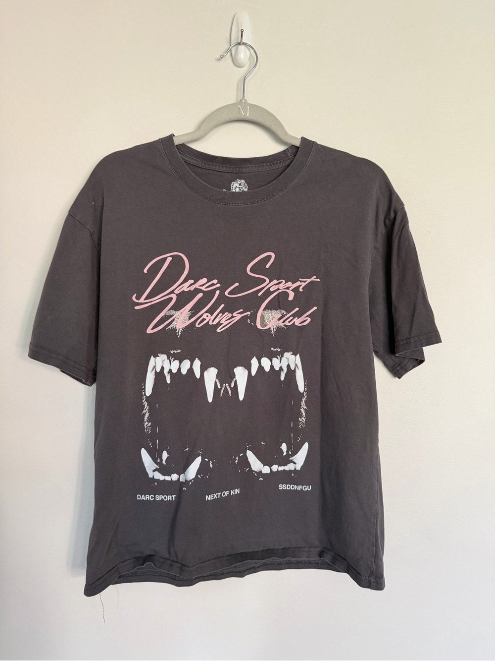 Darc Sport Charcoal Tee with Pink Script and White Graphic
